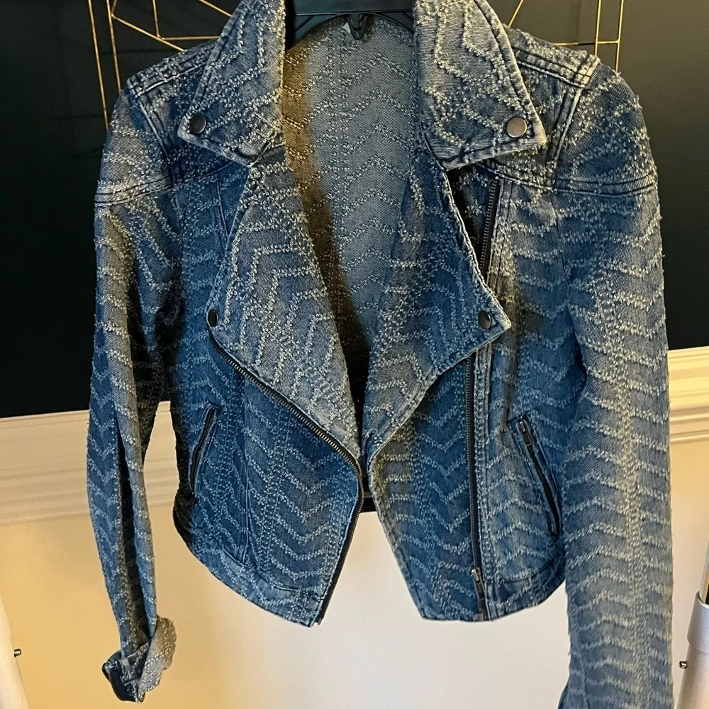 Free People Blue Patterned denim moto biker Jacket 4 - Picture 2 of 4